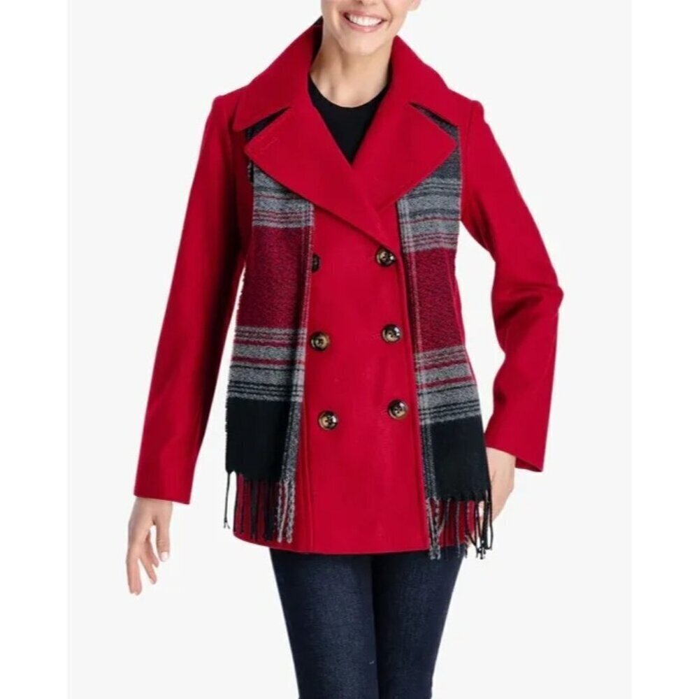 NWT London Fog DOUBLE BREASTED PEACOAT WITH SCARF, red, SMALL